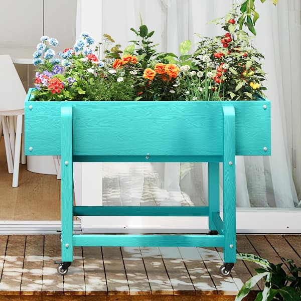 LUE BONA 39 in. x 20 in. x 28 in.Aruba Blue Plastic Raised Garden Bed Mobile Elevated Planter Box with Lockable Wheels and Liner