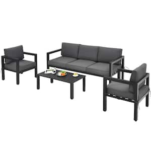 Black 4-Piece Aluminum Outdoor Patio Conversation Set with Gray Cushions