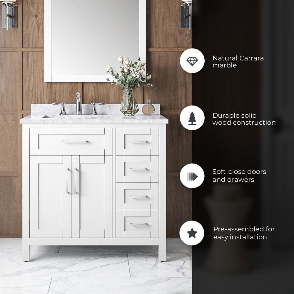 Tahoe 36" Pure White Freestanding Bathroom Vanity with Carrara Marble Top
