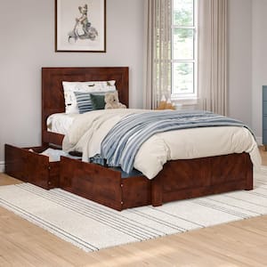 Canyon Walnut Brown Solid Wood Twin Platform Bed with Matching Footboard and Storage Drawers