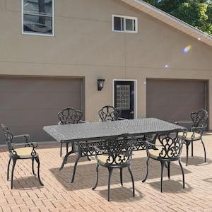 Lily Black 7-Piece Cast Aluminum Outdoor Dining Set with Rectangle Table and Dining Chairs with Random Color Cushion