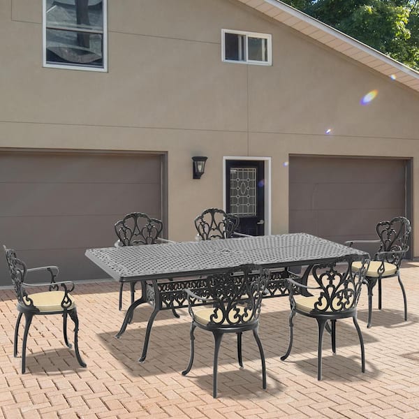 Willit Lily Black 7-Piece Cast Aluminum Outdoor Dining Set with Rectangle Table and Dining Chairs with Random Color Cushion