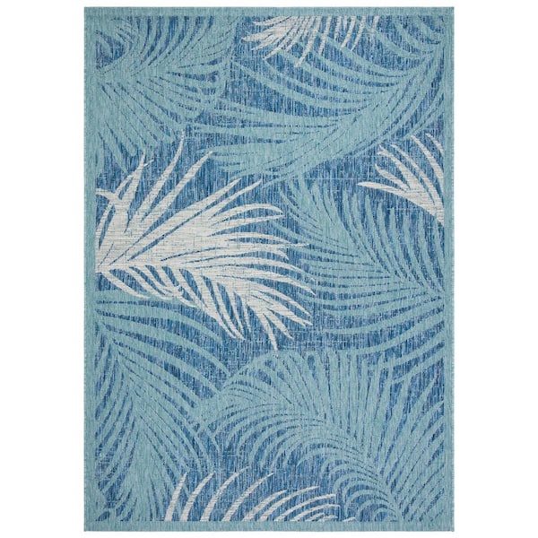Courtyard Aqua/Navy Doormat 2 ft. x 4 ft. Border Palm Leaf Indoor/Outdoor Area Rug