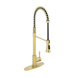 Single-Handle Spring Pull Down Sprayer Kitchen Faucet in Brushed Gold with Dual Function Sprayhead and Deckplate