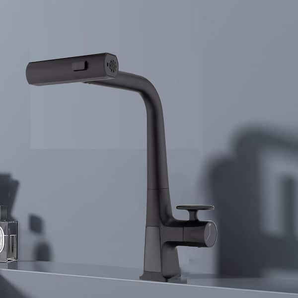 LORDEAR 15.75 in. Single Handle 360 Degree Spout Swivel Pull Down Kitchen Faucet in Matte Black with Temperature Display