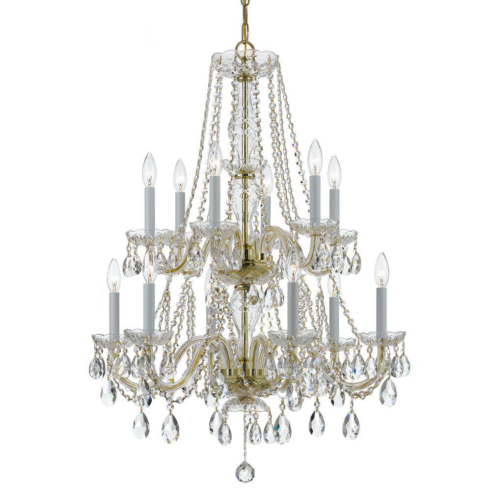 Polished Brass and Crystal 12-Light Candle Chandelier