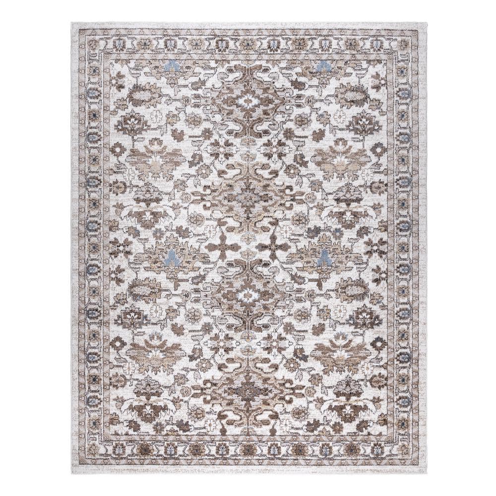 Ivory and Beige Rectangular Synthetic Area Rug, 9x13