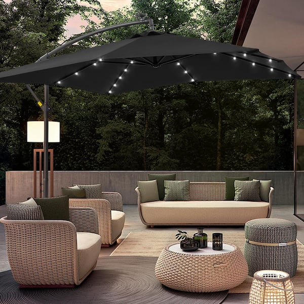 8.2 ft. x 8.2 ft. Solar LED Square Cantilever Patio Umbrella for Villa Gardens, Lawns and Yard in Black