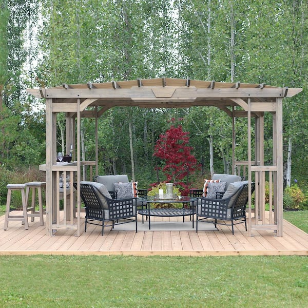 Madison 10 ft. x 14 ft. Timber Gray Cedar Wood Backyard Patio Pergola Including UV Sun Shade, Counter, Bar and 2 Stools