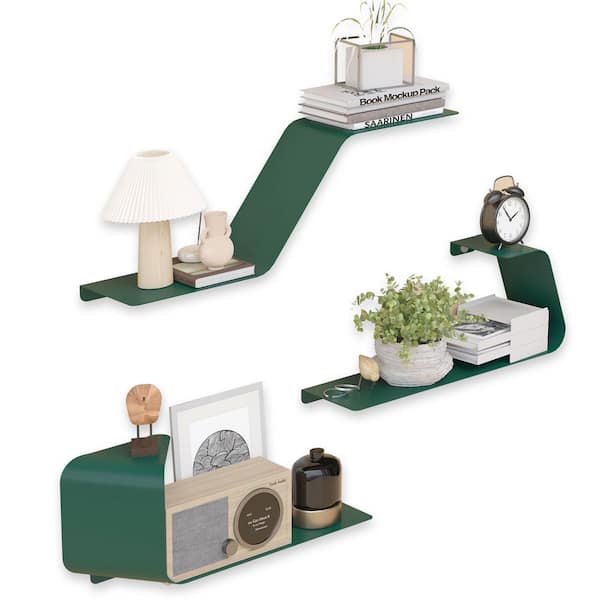 49 in. W x 6 in. D Floating Decorative Wall Shelf, Set of 3 Wall Mounted Metal Design Shelves, Green, Garage Wall Shelf