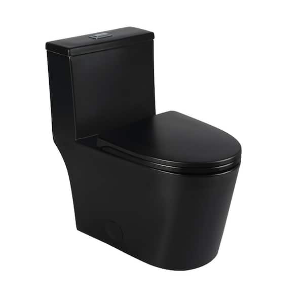 Rough-in 12 in. 1-Piece 0.9/1.28 GPF Dual Flush Elongated Skirted Toilet in  Black Seat Included