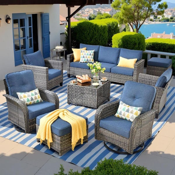 Daphne 9-Piece Wicker Patio Conversation Sofa Seating Swivel Rocking Chairs Set with Ottomans and Denim Blue Cushions