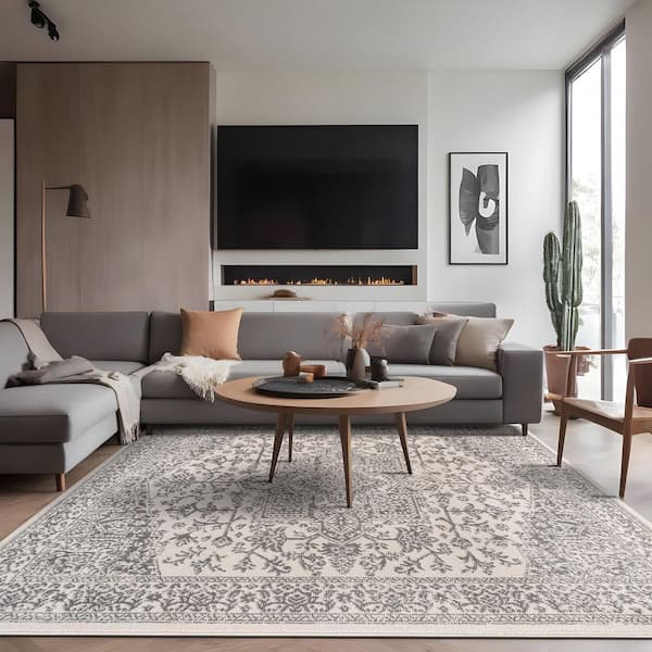 Athena Gray 5 ft. x 7 ft. Rubber Back Washable Oriental Border Indoor Outdoor Patio Area Rug