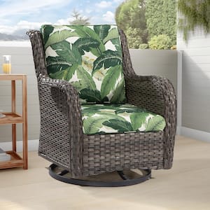 Wicker Outdoor Rocking Chair Patio Swivel with Swaying Palms Green Cushions