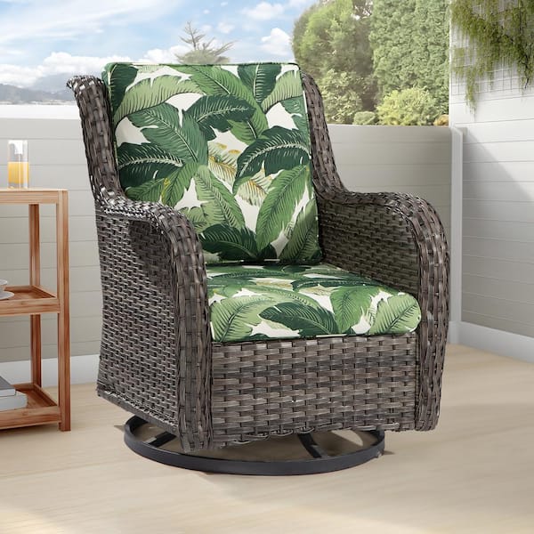 JOYSIDE Wicker Outdoor Rocking Chair Patio Swivel with Swaying Palms Green Cushions