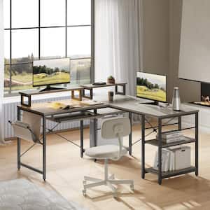 L Shaped Desk LED 95.2 Inch Computer Corner Desk with Keyboard Tray Monitor Stand Wash Grey