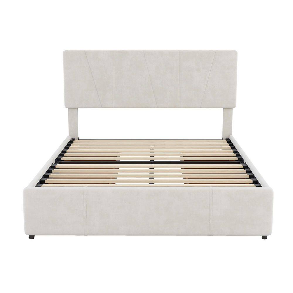 Qualler Beige Wood Frame Full Size Upholstery Platform Bed with Four ...