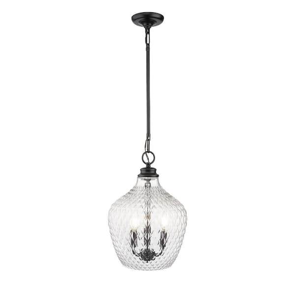 Adeline 180-Watt 3 Light Matte Black Shaded Pendant Light with Clear Glass Shade, No Bulbs Included