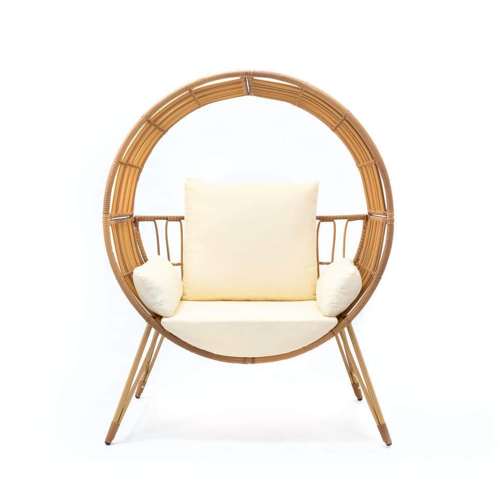 Round Wicker Outdoor Egg Chair, Outdoor Rocking Chair with White Cushion