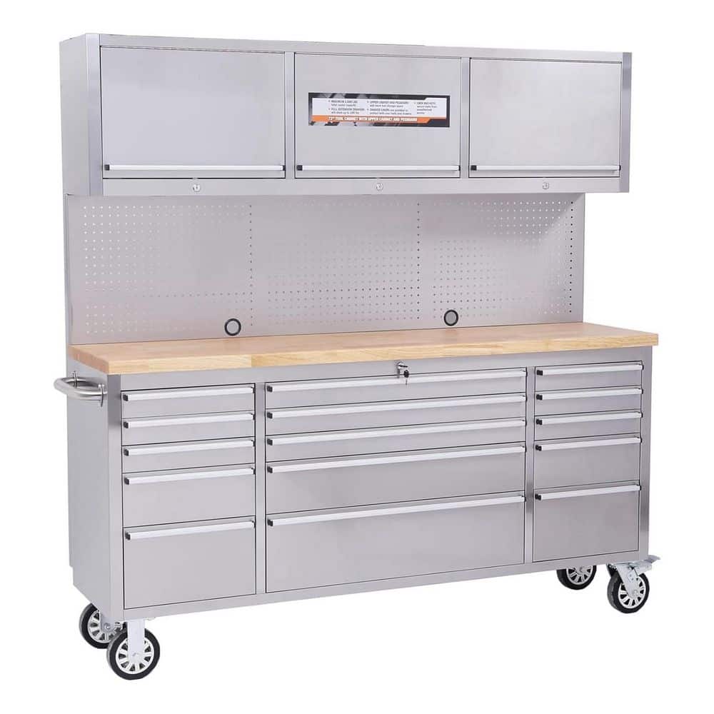 72 in. W x 18 in. D Heavy Duty 15-Drawer Mobile Workbench Tool Chest with Top Cabinets, Pegboard and Wheels, Silver price history on PriceWatchPro