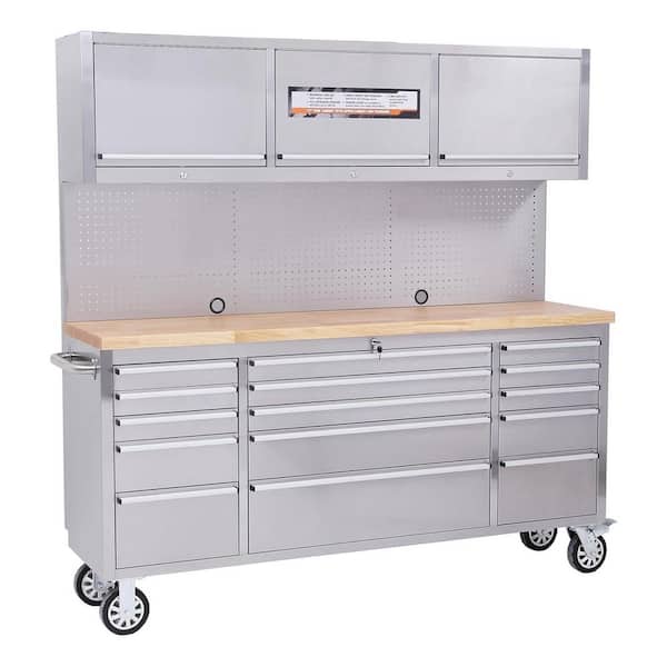 72 in. W x 18 in. D Heavy Duty 15-Drawer Mobile Workbench Tool Chest with Top Cabinets, Pegboard and Wheels, Silver