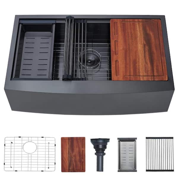 33 in. Apron Front Single Bowl 16 Gauge Black Farmhouse Workstation Kitchen Sink, Stainless Steel