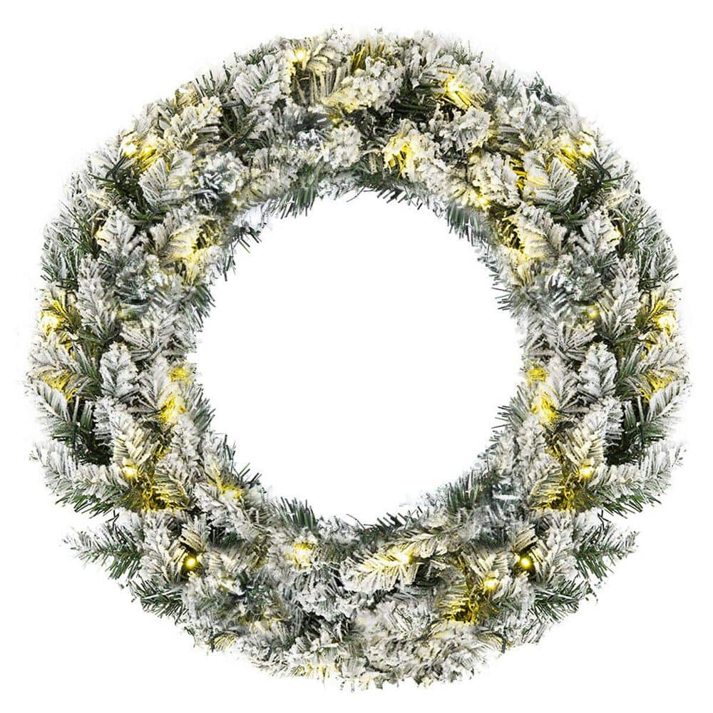 Costway 24 in. Green Pre-Lit Artificial Snow Flocked Christmas Pine Wreath  with 50 LED Lights Timer CM22043 The Home Depot