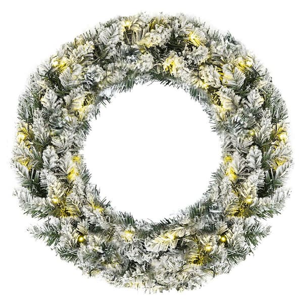 Costway 24 in. Green Pre-Lit Artificial Snow Flocked Christmas Pine Wreath with 50 LED Lights Timer