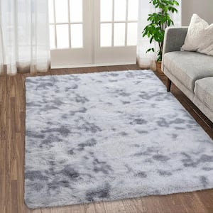 Polyester Faux Fur Tie-Dyed Light Grey 8 ft. x 10 ft. Solid Fluffy Area Rug