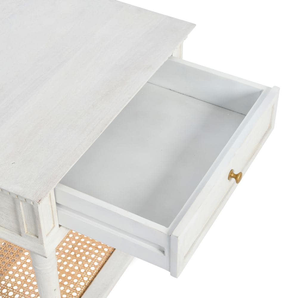 Distressed White Wood End Table with Cane Shelf and Drawer