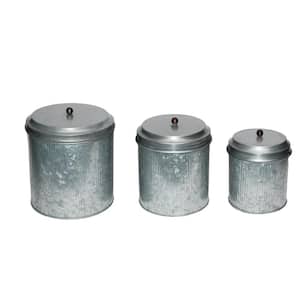 3- Piece Galvanized Metal Lidded Gray Canister with Ribbed Pattern