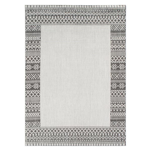 World Rug Gallery Gray 7 ft. 10 in. x 10 ft. Bohemian Bordered Flatweave Waterproof Backyard Indoor/Outdoor Area Rug