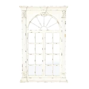 52 in. x 37 in. Window Pane Inspired Rectangle Framed Cream Wall Mirror with Arched Top and Distressing
