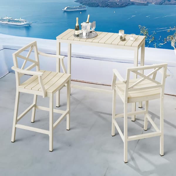 LUE BONA 45 in. W Beige Outdoor Bar Table HDPS Material Rectangular Outdoor High Top Table with Metal Frame (Set of 2)