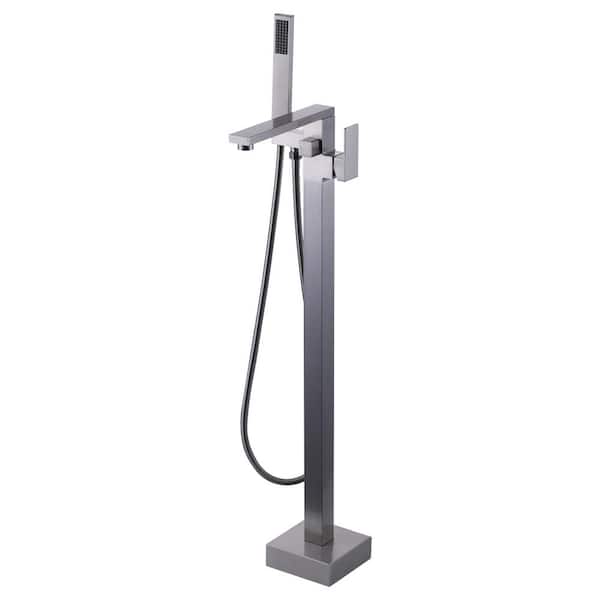 Brass Single-Handle Freestanding Tub Faucet Floor Mounted Tub Filler with Diverter and Hand Shower in. Brushed Nickel