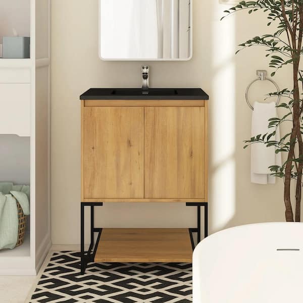 24 In. W X 19 In. D X 34 In. H Single Sink Freestanding Bath Vanity in Oak With Black Resin Top