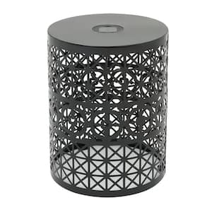 Black Round Metal 16.50 in. Outdoor Side Table Accent Table with Solar Light