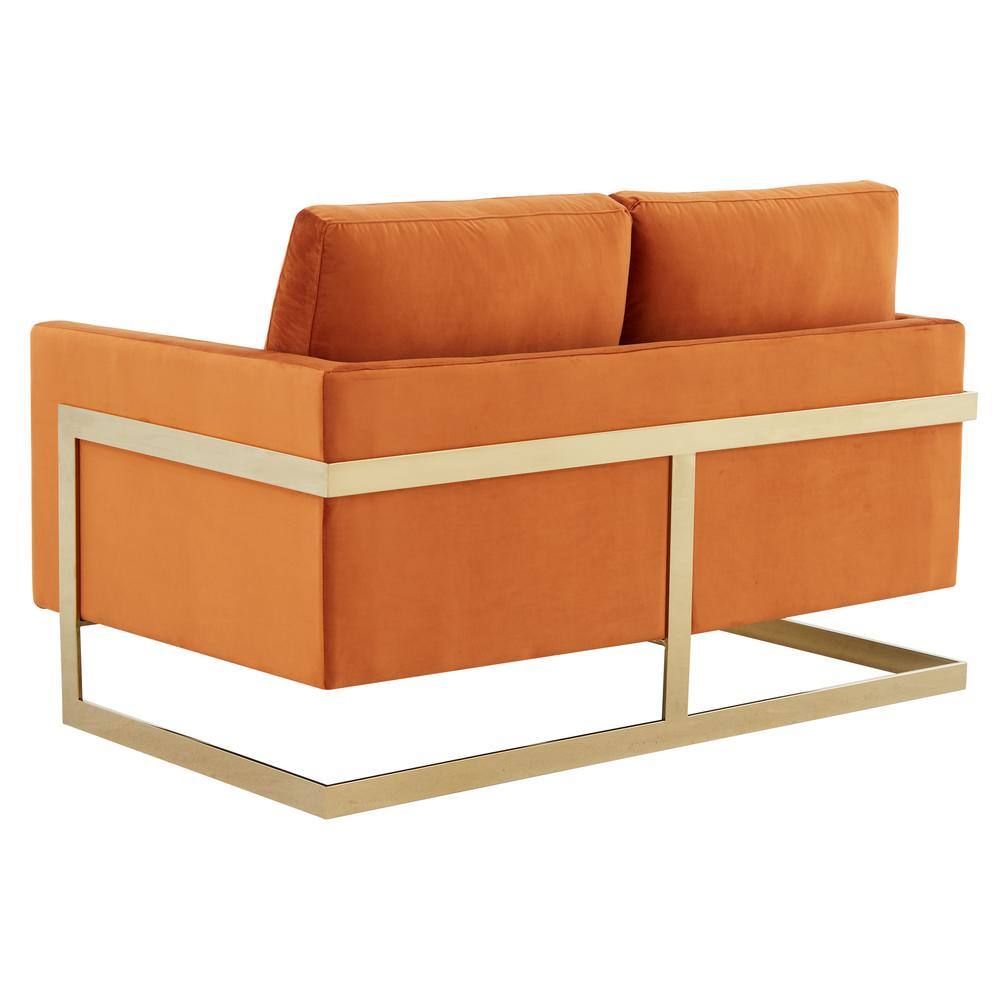 Elegant Orange Velvet Loveseat with Gold Metal Legs