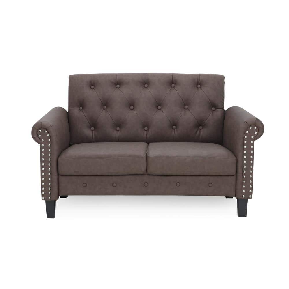 Bastia Brown Faux Leather Tufted Loveseat with Nailhead Trim