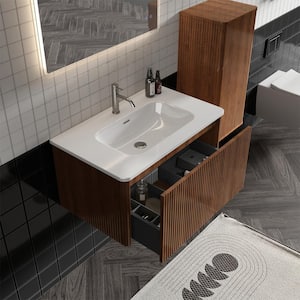 ENYA 30 in. W x 18.3 in. D x 15.6 in. H Single Sink Floating Bath Vanity in Walnut with White Caremic Top