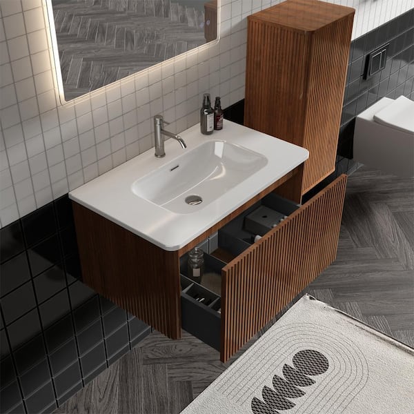 INSTER ENYA 30 in. W x 18.3 in. D x 15.6 in. H Single Sink Floating Bath Vanity in Walnut with White Caremic Top