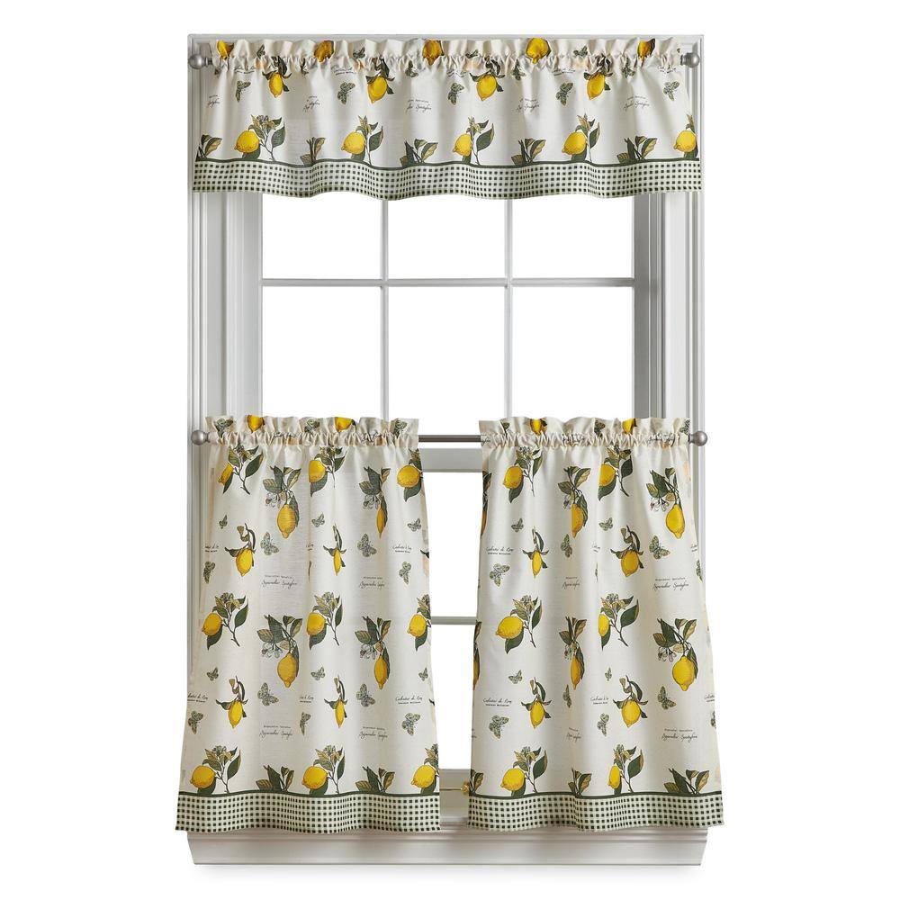 Vintage Lemon Print Cotton Polyester Light Filtering Valance and Tier Set