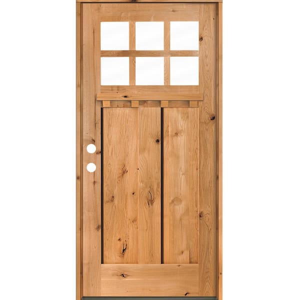 Krosswood Doors 36 in. x 80 in. Craftsman Knotty Alder Clear 6-Lite Clear Stain Wood/Dentil Shelf Right Hand Single Prehung Front Door