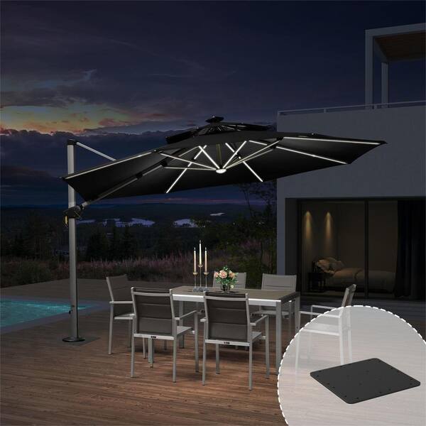 PURPLE LEAF 12 ft. Octagon Aluminum Solar Powered LED Patio Cantilever Offset Umbrella with Base Plate, Black