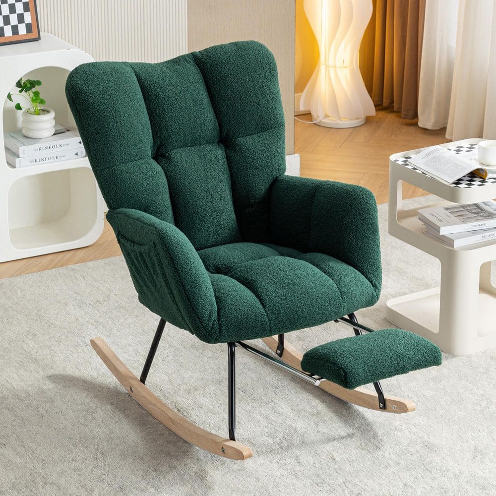 Side Rocking Chair Seafuloy 26 in. W Green Teddy Fabric Rocking Chair with Adjustable ...