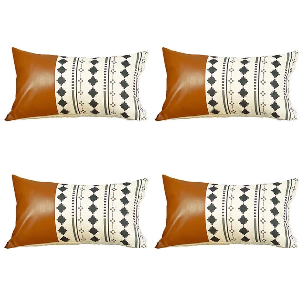 Boho Embroidered Horse Handmade Set of 4 Throw Pillow 12 x 20 Vegan Faux Leather Solid Beige & Brown Square Mike&Co. New York
