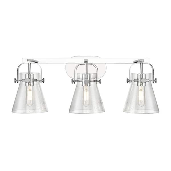 Innovations Pilaster II Cone 26.5 in. 3-Light Polished Chrome Vanity Light with Glass Shade