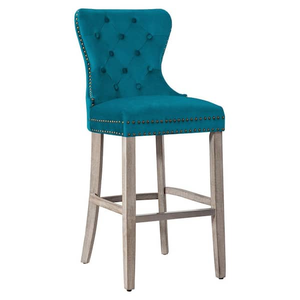 WESTINFURNITURE Harper 29 in. High Back Nail Head Trim Button Tufted Teal Velvet Counter Stool with Solid Wood Frame in Antique Gray