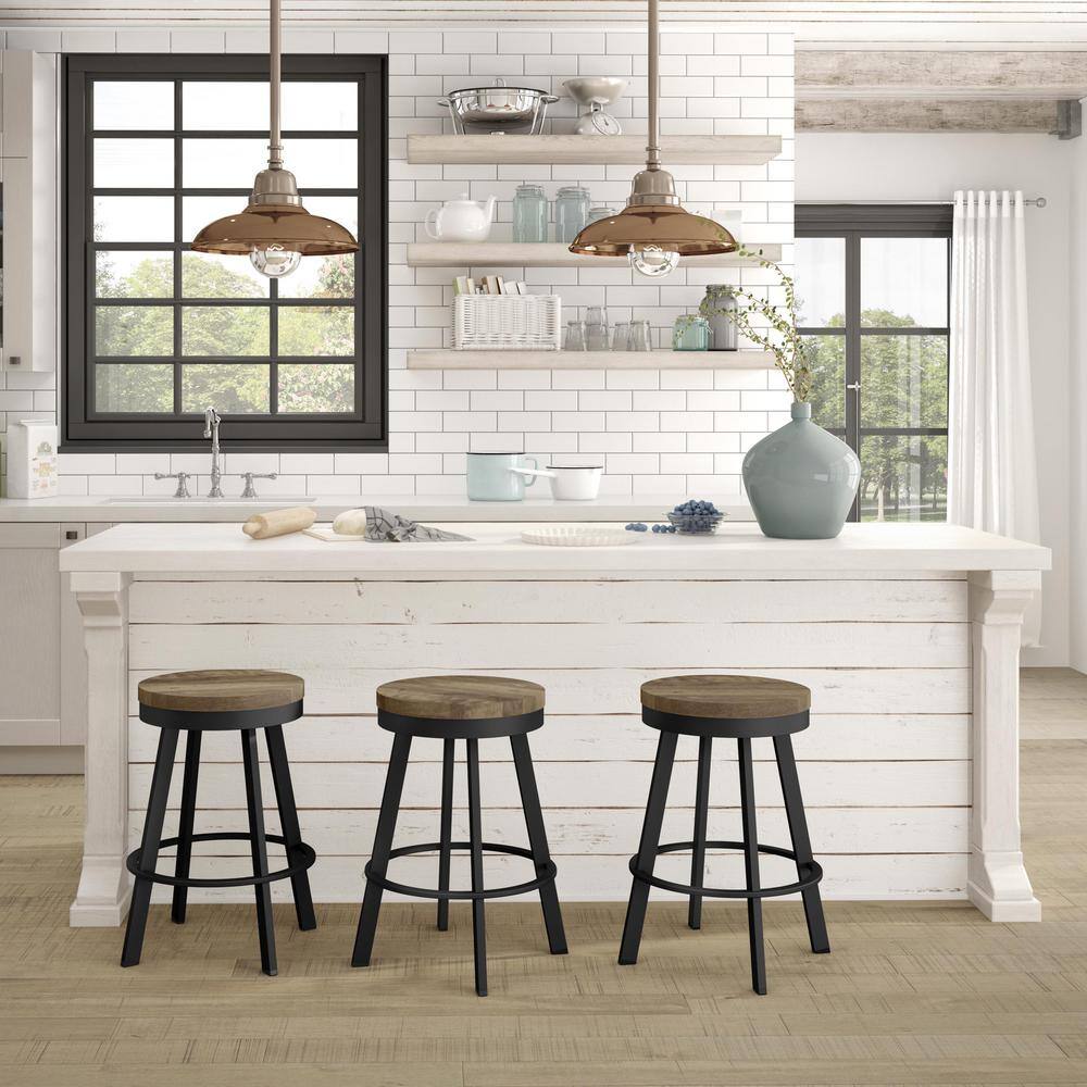 Beige Distressed Wood and Black Metal Swivel Counter Stool