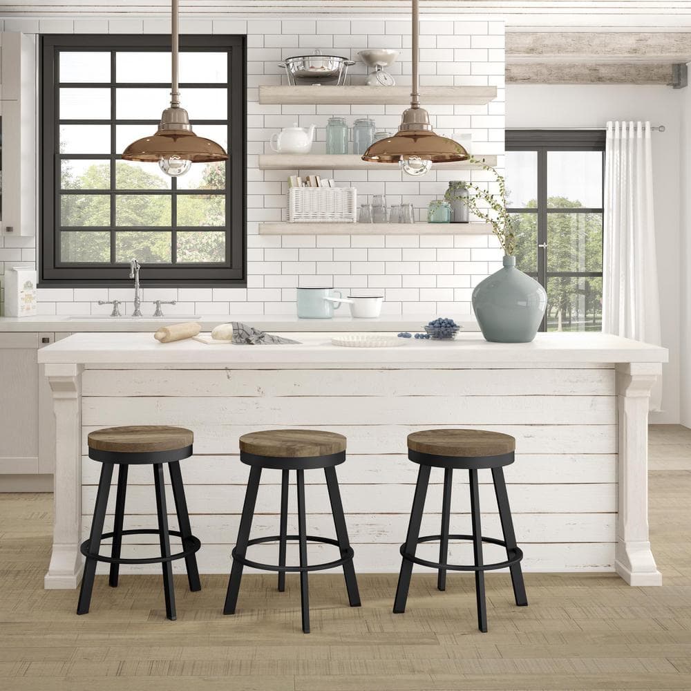 Beige Distressed Birch & Black Metal 33" Swivel Bar Stool